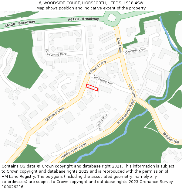 6, WOODSIDE COURT, HORSFORTH, LEEDS, LS18 4SW: Location map and indicative extent of plot
