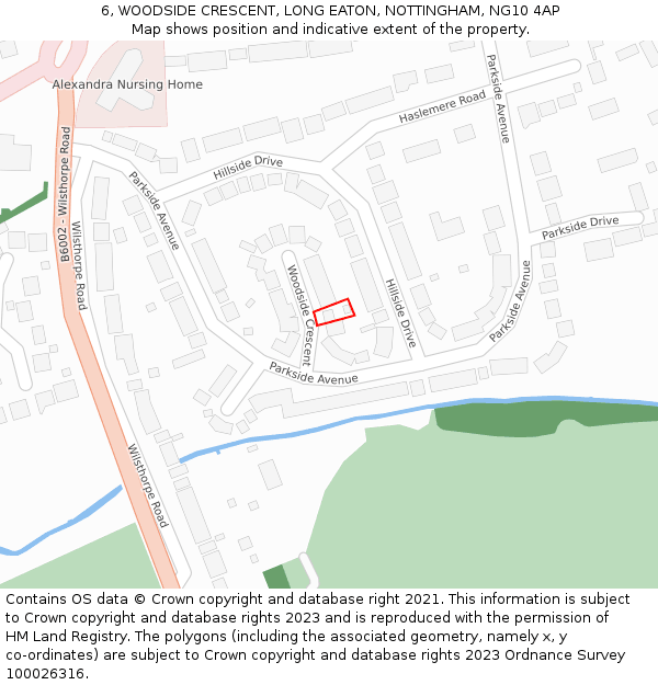 6, WOODSIDE CRESCENT, LONG EATON, NOTTINGHAM, NG10 4AP: Location map and indicative extent of plot