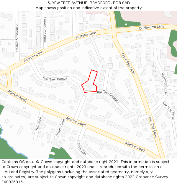 6, YEW TREE AVENUE, BRADFORD, BD8 0AD: Location map and indicative extent of plot