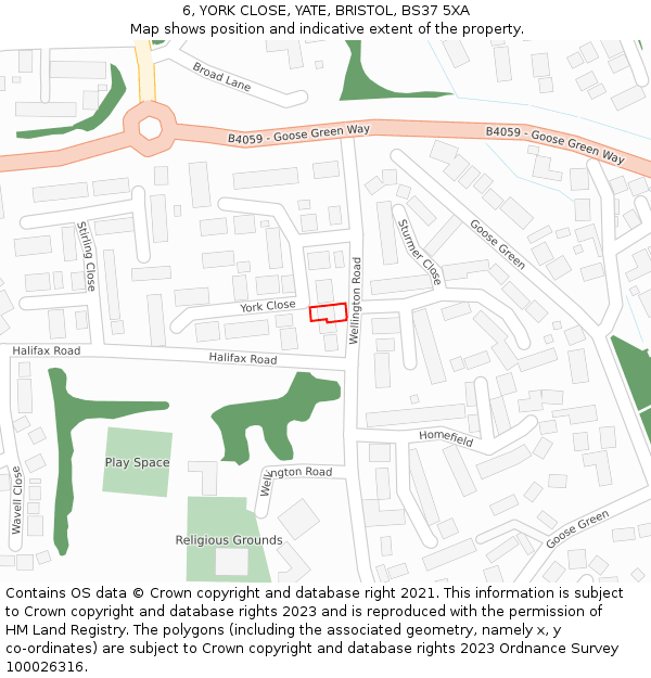 6, YORK CLOSE, YATE, BRISTOL, BS37 5XA: Location map and indicative extent of plot