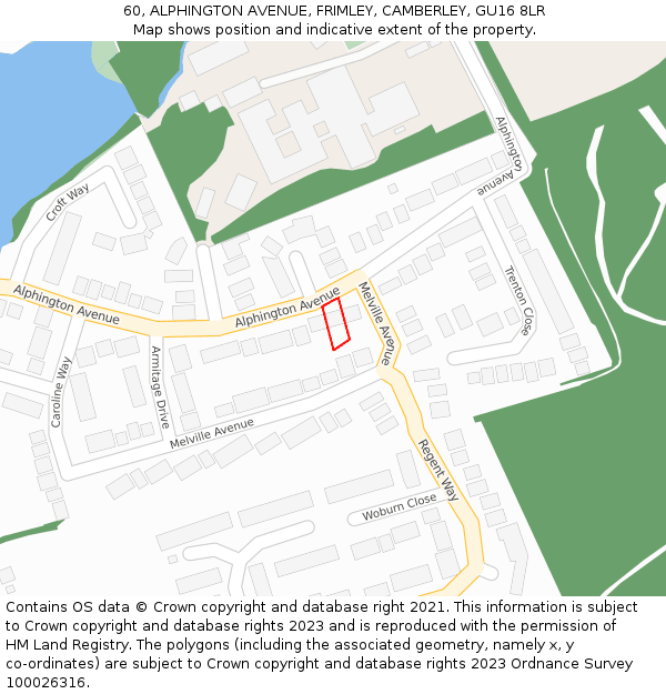 60, ALPHINGTON AVENUE, FRIMLEY, CAMBERLEY, GU16 8LR: Location map and indicative extent of plot
