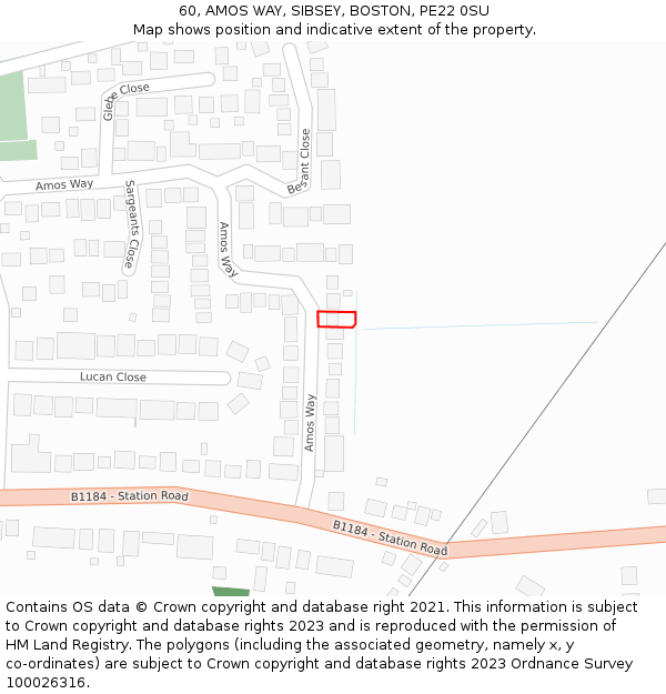 60, AMOS WAY, SIBSEY, BOSTON, PE22 0SU: Location map and indicative extent of plot