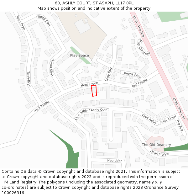 60, ASHLY COURT, ST ASAPH, LL17 0PL: Location map and indicative extent of plot