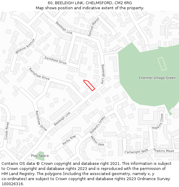 60, BEELEIGH LINK, CHELMSFORD, CM2 6RG: Location map and indicative extent of plot