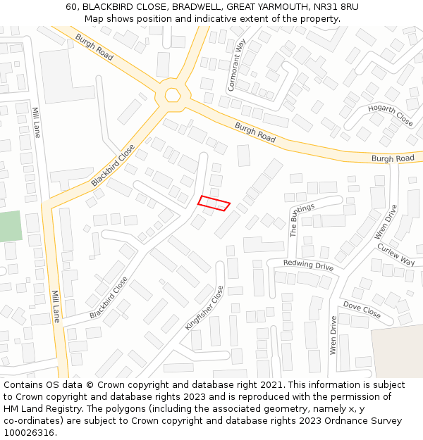 60, BLACKBIRD CLOSE, BRADWELL, GREAT YARMOUTH, NR31 8RU: Location map and indicative extent of plot