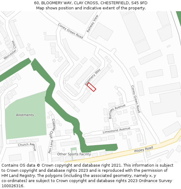 60, BLOOMERY WAY, CLAY CROSS, CHESTERFIELD, S45 9FD: Location map and indicative extent of plot