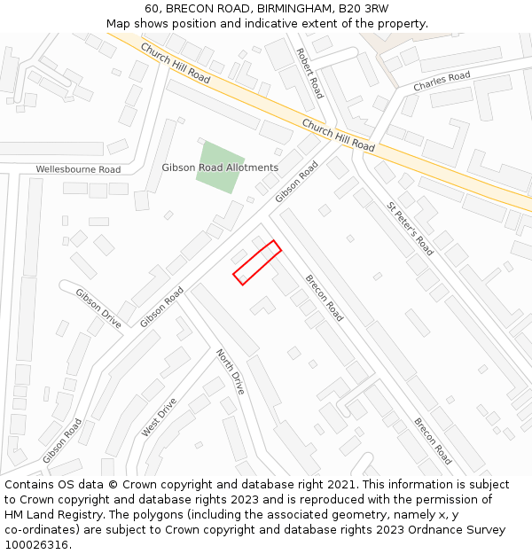 60, BRECON ROAD, BIRMINGHAM, B20 3RW: Location map and indicative extent of plot