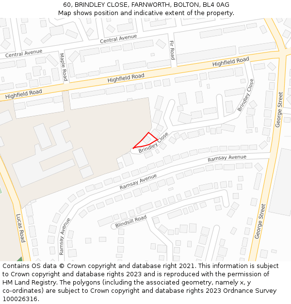 60, BRINDLEY CLOSE, FARNWORTH, BOLTON, BL4 0AG: Location map and indicative extent of plot