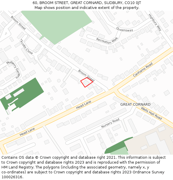 60, BROOM STREET, GREAT CORNARD, SUDBURY, CO10 0JT: Location map and indicative extent of plot