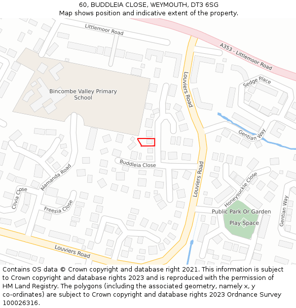 60, BUDDLEIA CLOSE, WEYMOUTH, DT3 6SG: Location map and indicative extent of plot
