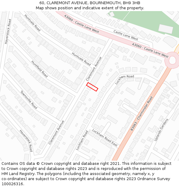 60, CLAREMONT AVENUE, BOURNEMOUTH, BH9 3HB: Location map and indicative extent of plot