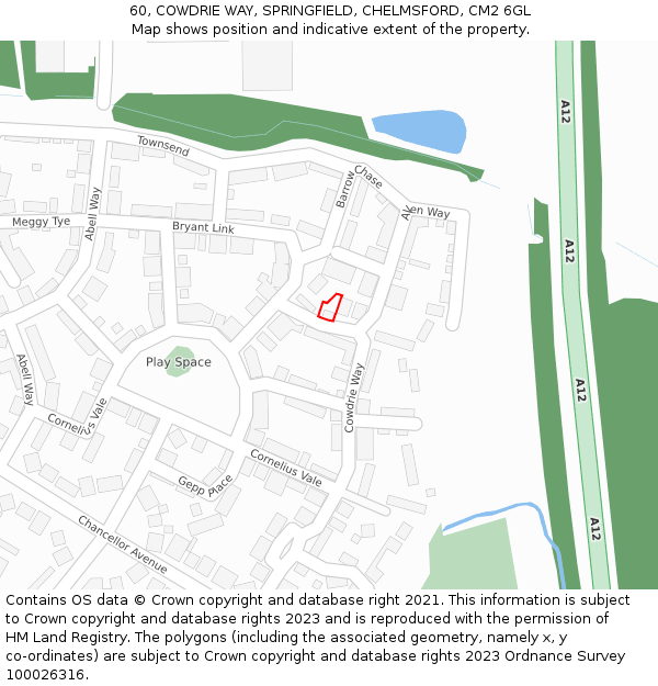 60, COWDRIE WAY, SPRINGFIELD, CHELMSFORD, CM2 6GL: Location map and indicative extent of plot
