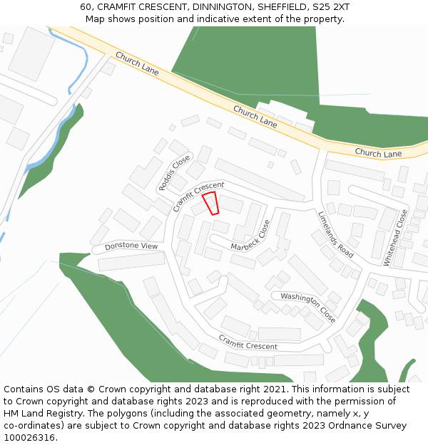 60, CRAMFIT CRESCENT, DINNINGTON, SHEFFIELD, S25 2XT: Location map and indicative extent of plot
