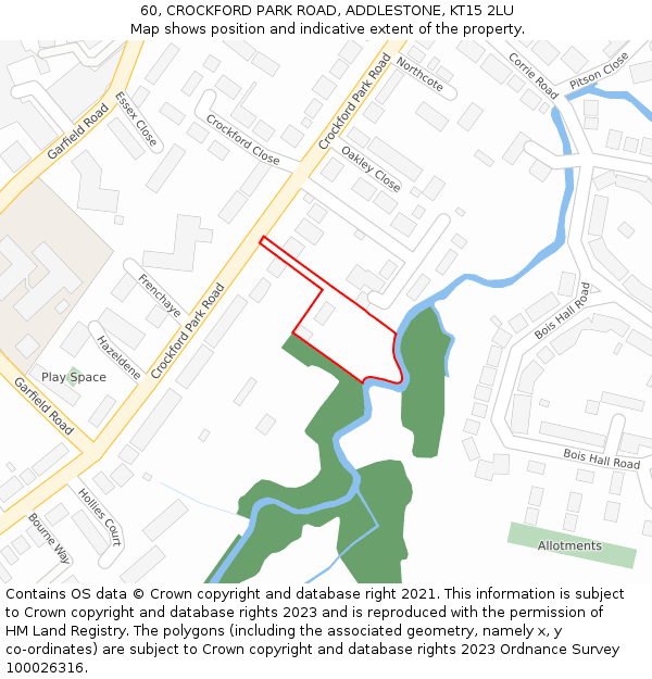 60, CROCKFORD PARK ROAD, ADDLESTONE, KT15 2LU: Location map and indicative extent of plot