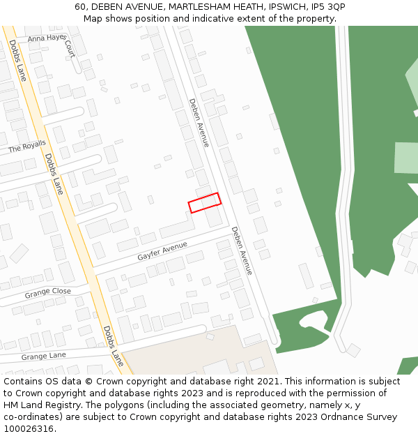 60, DEBEN AVENUE, MARTLESHAM HEATH, IPSWICH, IP5 3QP: Location map and indicative extent of plot