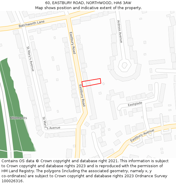 60, EASTBURY ROAD, NORTHWOOD, HA6 3AW: Location map and indicative extent of plot