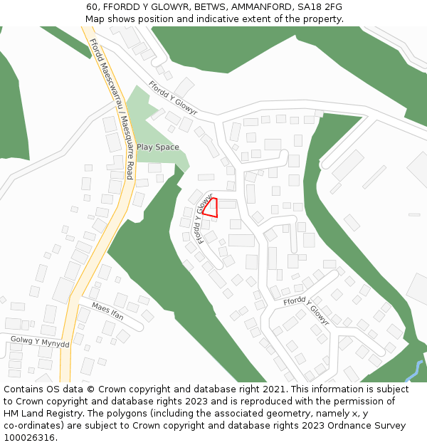 60, FFORDD Y GLOWYR, BETWS, AMMANFORD, SA18 2FG: Location map and indicative extent of plot