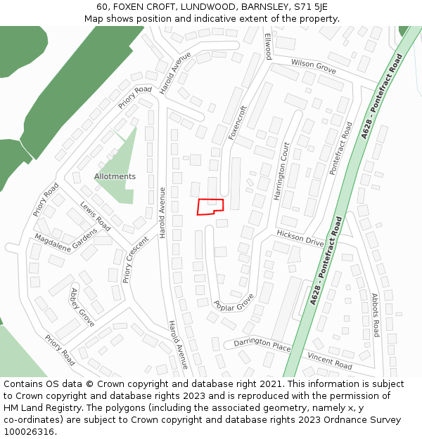 60, FOXEN CROFT, LUNDWOOD, BARNSLEY, S71 5JE: Location map and indicative extent of plot