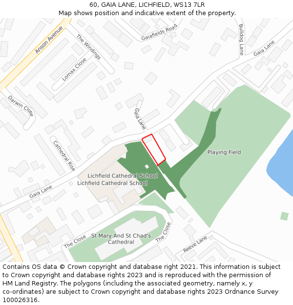 60, GAIA LANE, LICHFIELD, WS13 7LR: Location map and indicative extent of plot