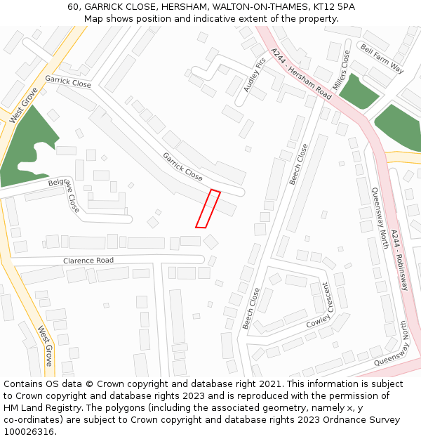 60, GARRICK CLOSE, HERSHAM, WALTON-ON-THAMES, KT12 5PA: Location map and indicative extent of plot