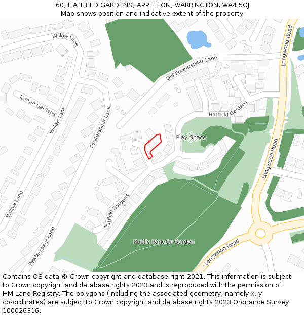 60, HATFIELD GARDENS, APPLETON, WARRINGTON, WA4 5QJ: Location map and indicative extent of plot