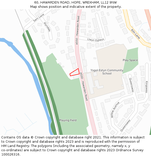 60, HAWARDEN ROAD, HOPE, WREXHAM, LL12 9NW: Location map and indicative extent of plot