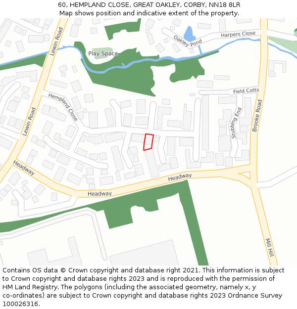 60, HEMPLAND CLOSE, GREAT OAKLEY, CORBY, NN18 8LR: Location map and indicative extent of plot