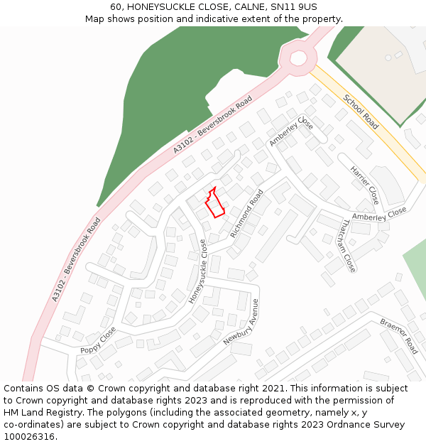60, HONEYSUCKLE CLOSE, CALNE, SN11 9US: Location map and indicative extent of plot