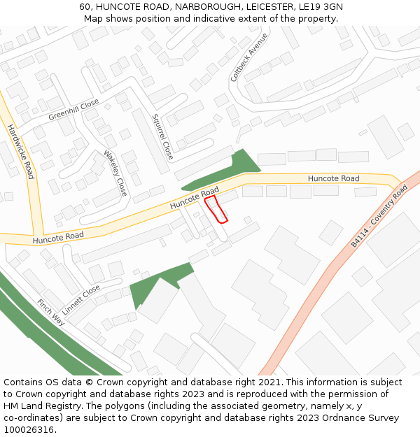 60, HUNCOTE ROAD, NARBOROUGH, LEICESTER, LE19 3GN: Location map and indicative extent of plot