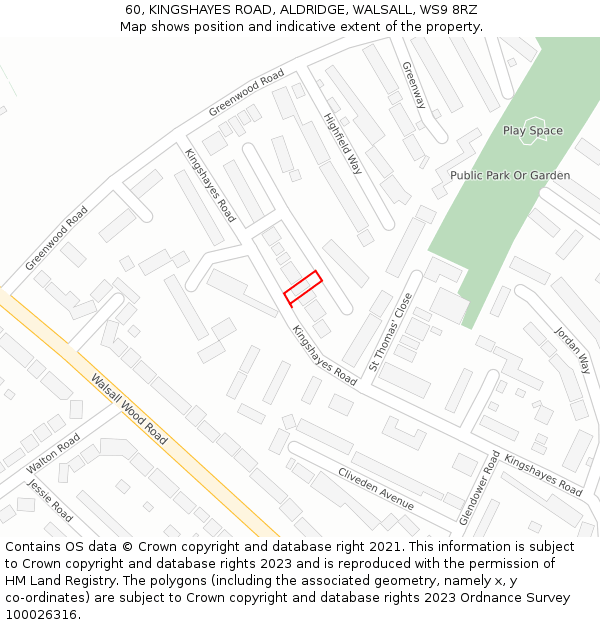 60, KINGSHAYES ROAD, ALDRIDGE, WALSALL, WS9 8RZ: Location map and indicative extent of plot