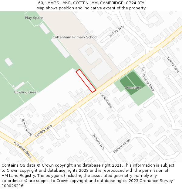 60, LAMBS LANE, COTTENHAM, CAMBRIDGE, CB24 8TA: Location map and indicative extent of plot