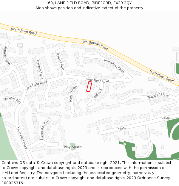 60, LANE FIELD ROAD, BIDEFORD, EX39 3QY: Location map and indicative extent of plot