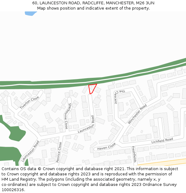 60, LAUNCESTON ROAD, RADCLIFFE, MANCHESTER, M26 3UN: Location map and indicative extent of plot