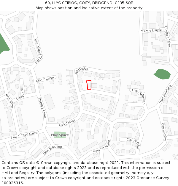 60, LLYS CEIRIOS, COITY, BRIDGEND, CF35 6QB: Location map and indicative extent of plot