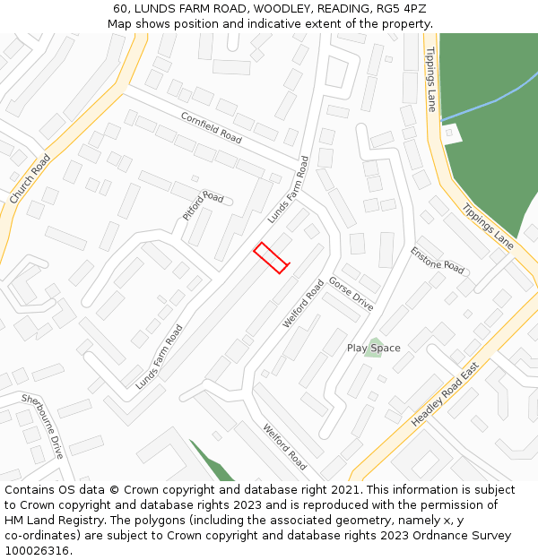 60, LUNDS FARM ROAD, WOODLEY, READING, RG5 4PZ: Location map and indicative extent of plot