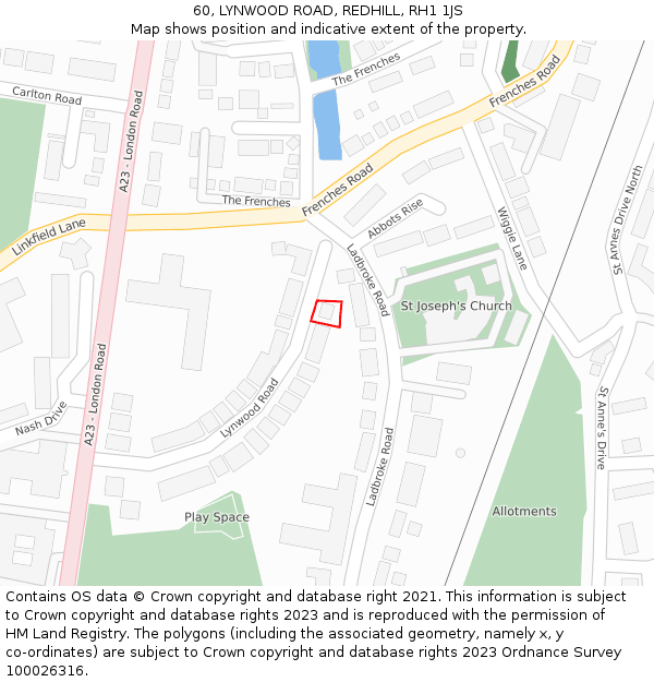 60, LYNWOOD ROAD, REDHILL, RH1 1JS: Location map and indicative extent of plot