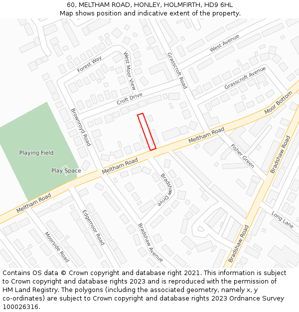 60, MELTHAM ROAD, HONLEY, HOLMFIRTH, HD9 6HL: Location map and indicative extent of plot
