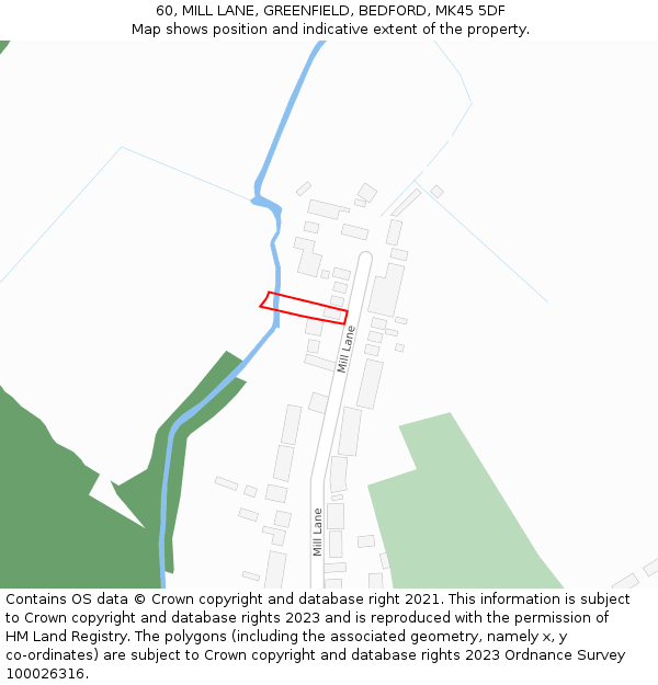 60, MILL LANE, GREENFIELD, BEDFORD, MK45 5DF: Location map and indicative extent of plot
