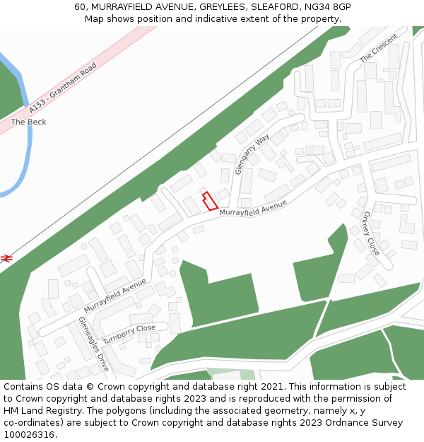 60, MURRAYFIELD AVENUE, GREYLEES, SLEAFORD, NG34 8GP: Location map and indicative extent of plot