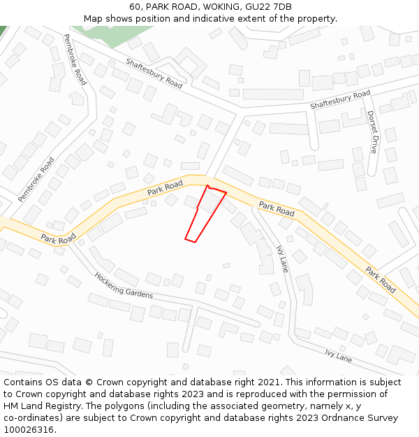 60, PARK ROAD, WOKING, GU22 7DB: Location map and indicative extent of plot