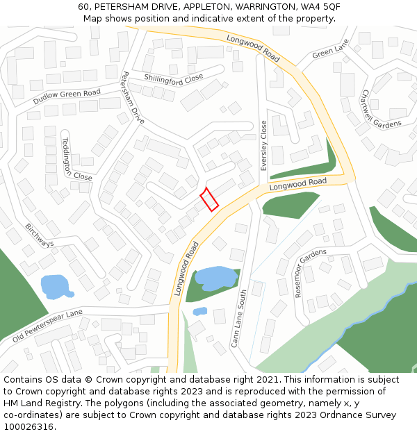 60, PETERSHAM DRIVE, APPLETON, WARRINGTON, WA4 5QF: Location map and indicative extent of plot