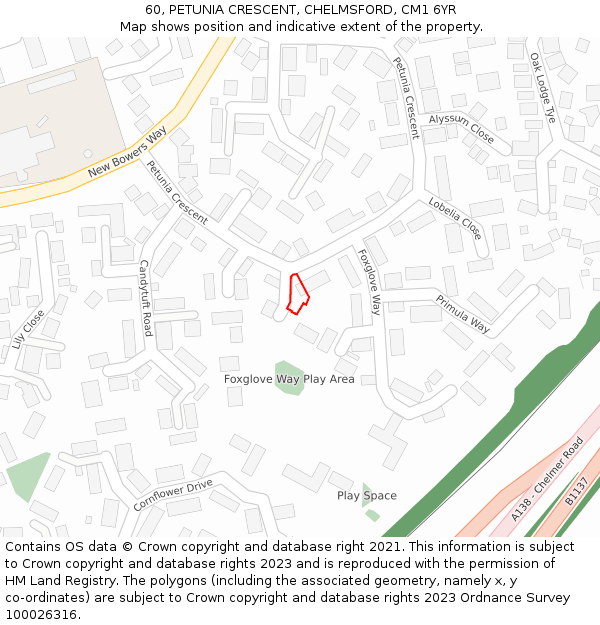 60, PETUNIA CRESCENT, CHELMSFORD, CM1 6YR: Location map and indicative extent of plot