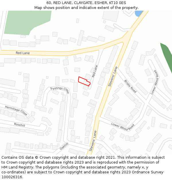60, RED LANE, CLAYGATE, ESHER, KT10 0ES: Location map and indicative extent of plot
