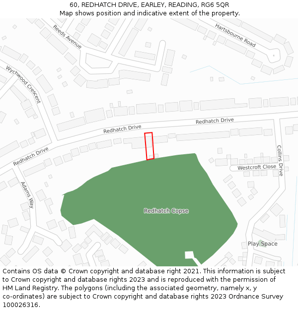 60, REDHATCH DRIVE, EARLEY, READING, RG6 5QR: Location map and indicative extent of plot