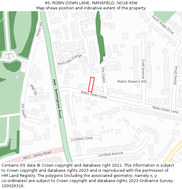60, ROBIN DOWN LANE, MANSFIELD, NG18 4SW: Location map and indicative extent of plot