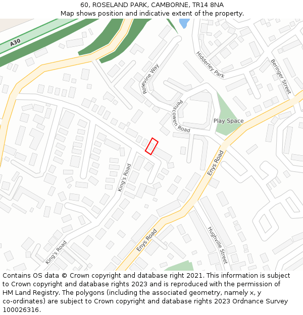 60, ROSELAND PARK, CAMBORNE, TR14 8NA: Location map and indicative extent of plot