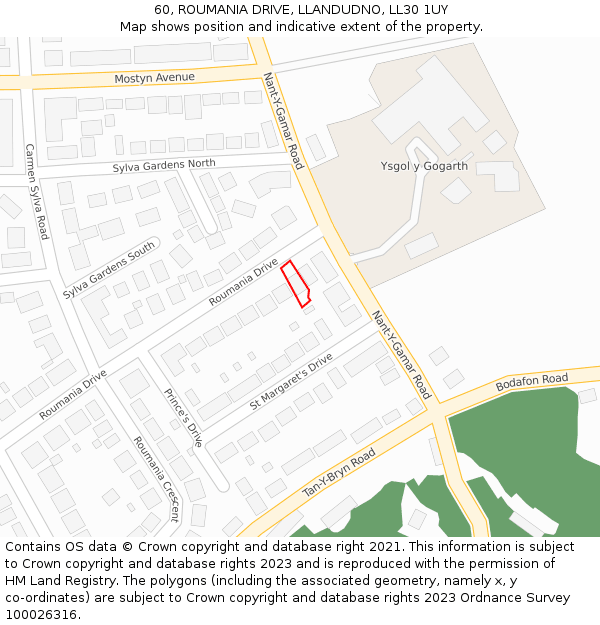 60, ROUMANIA DRIVE, LLANDUDNO, LL30 1UY: Location map and indicative extent of plot