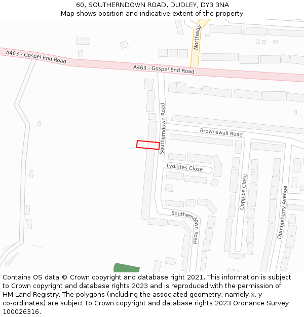 60, SOUTHERNDOWN ROAD, DUDLEY, DY3 3NA: Location map and indicative extent of plot