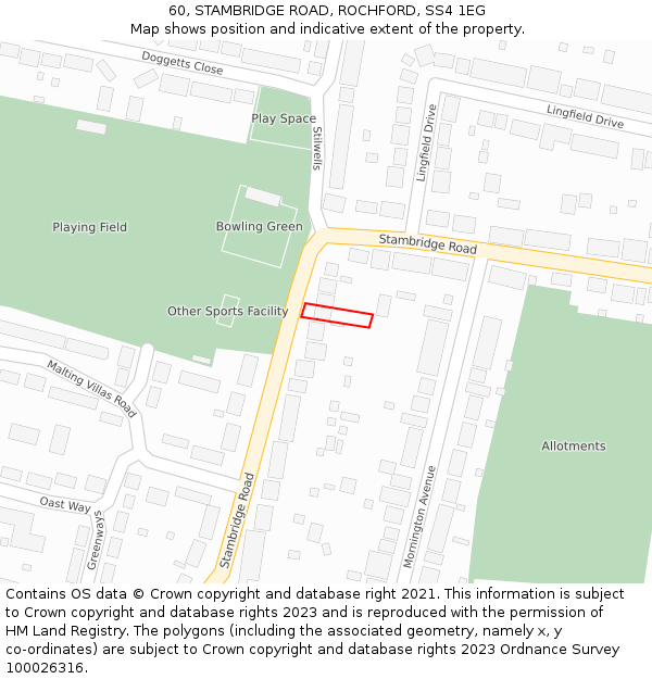 60, STAMBRIDGE ROAD, ROCHFORD, SS4 1EG: Location map and indicative extent of plot