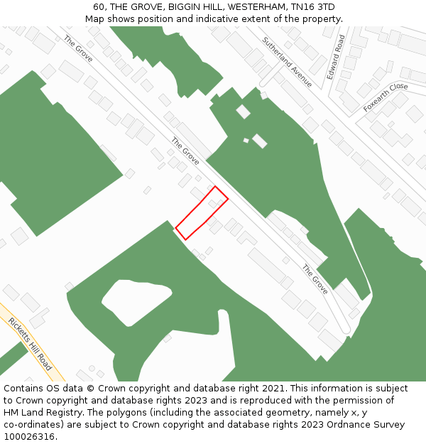 60, THE GROVE, BIGGIN HILL, WESTERHAM, TN16 3TD: Location map and indicative extent of plot